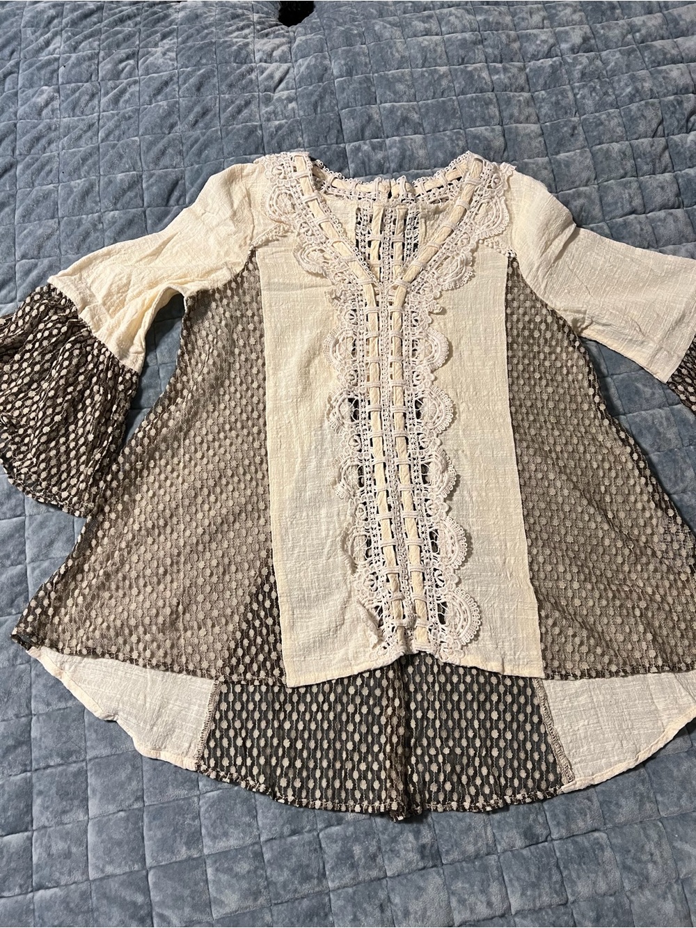 Ryu Cream and Taupe Lace-Front Boho Tunic